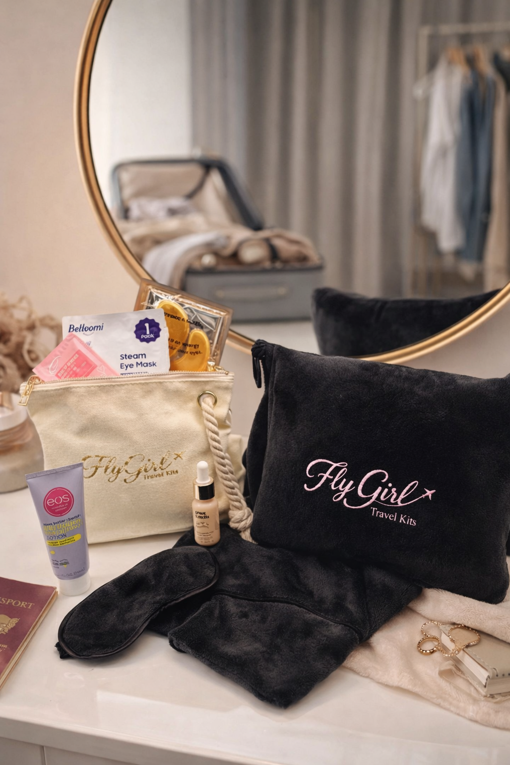 Elevated travel glow kit with FlyGirl skincare and comfort essentials